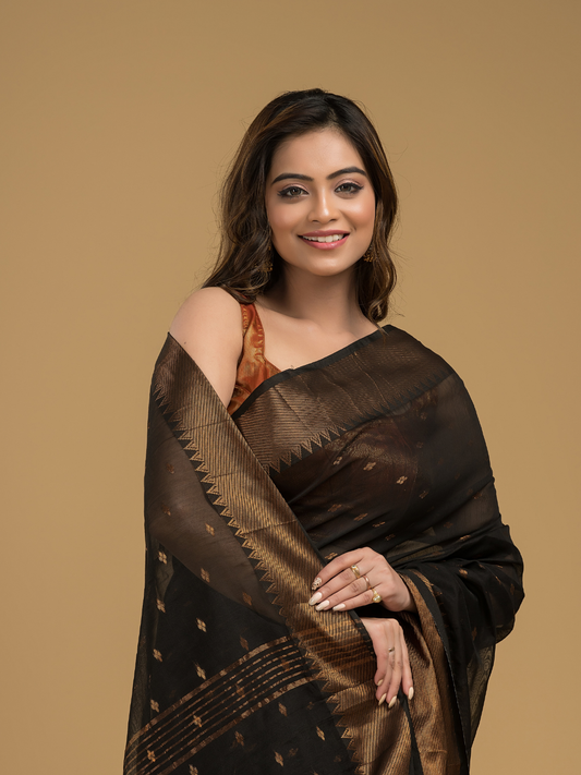 Coal Black Cotton Silk 1000 Butti Jamdani Saree - 034