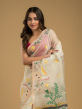 Muslin Jamdani Saree With Linen White - 014