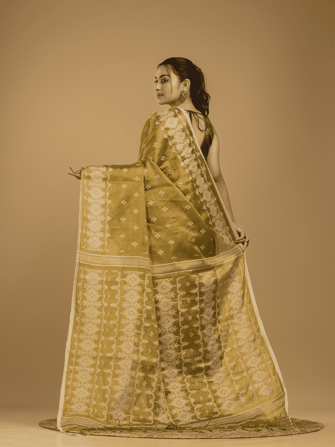 Olive Green Tissue Silk Jamdani Saree - 014