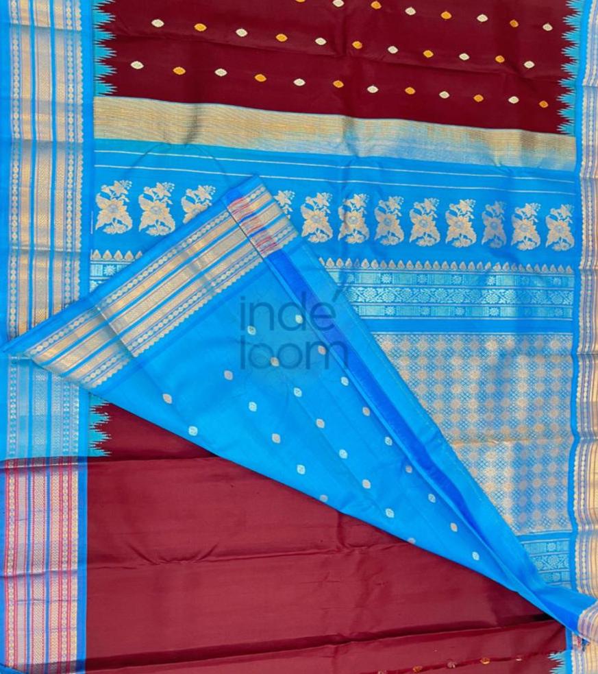 Maroon  with Florescent Blue Border and Pallu with Silk Design Kanjivaram Saree-030