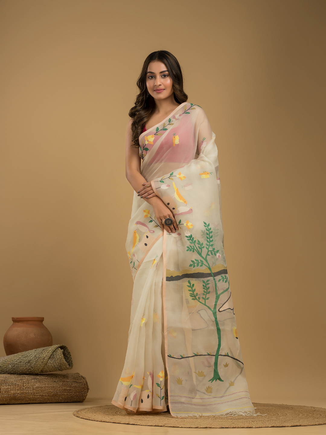 Muslin Jamdani Saree With Linen White - 014