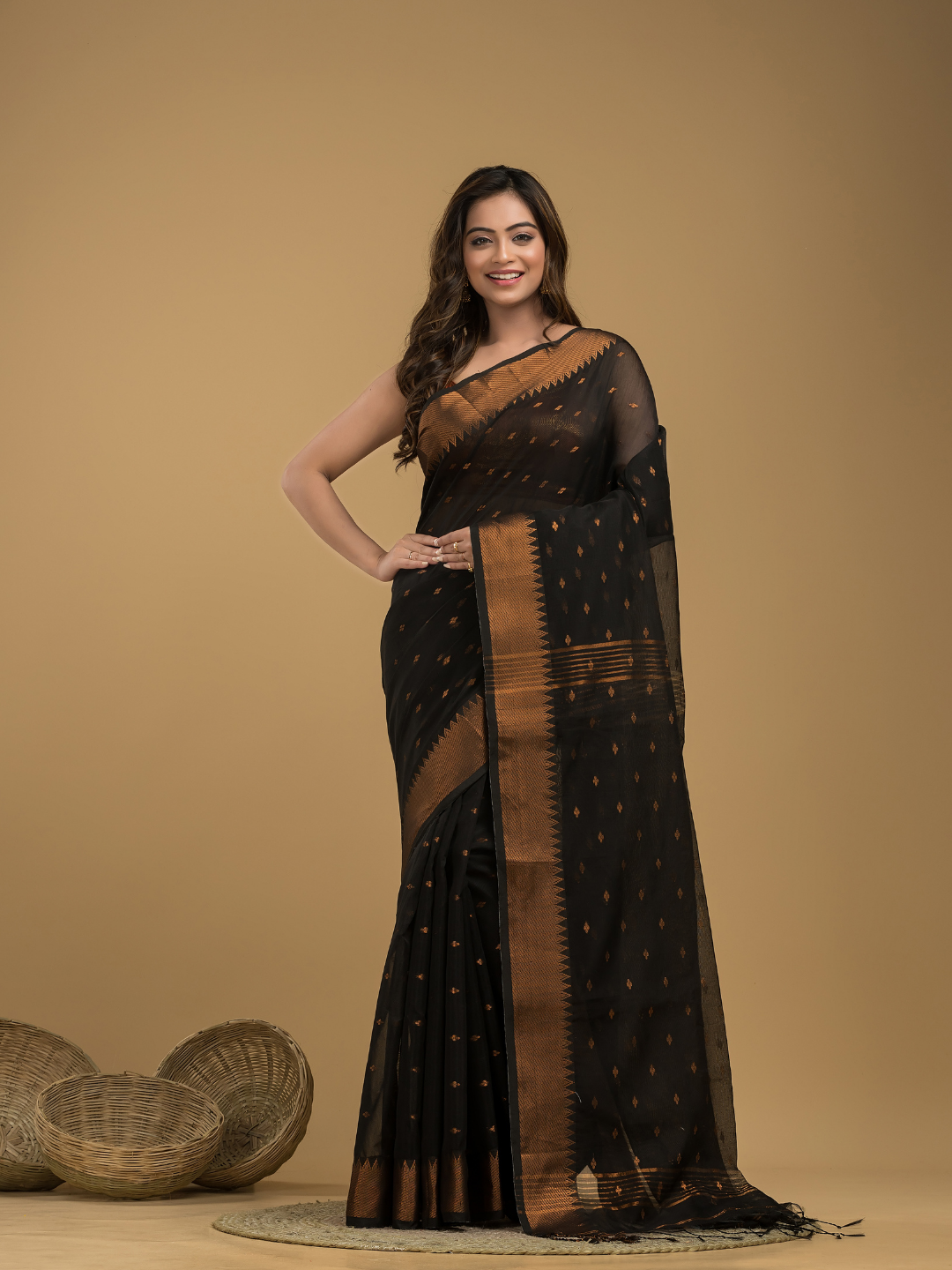 Coal Black Cotton Silk 1000 Butti Jamdani Saree - 034