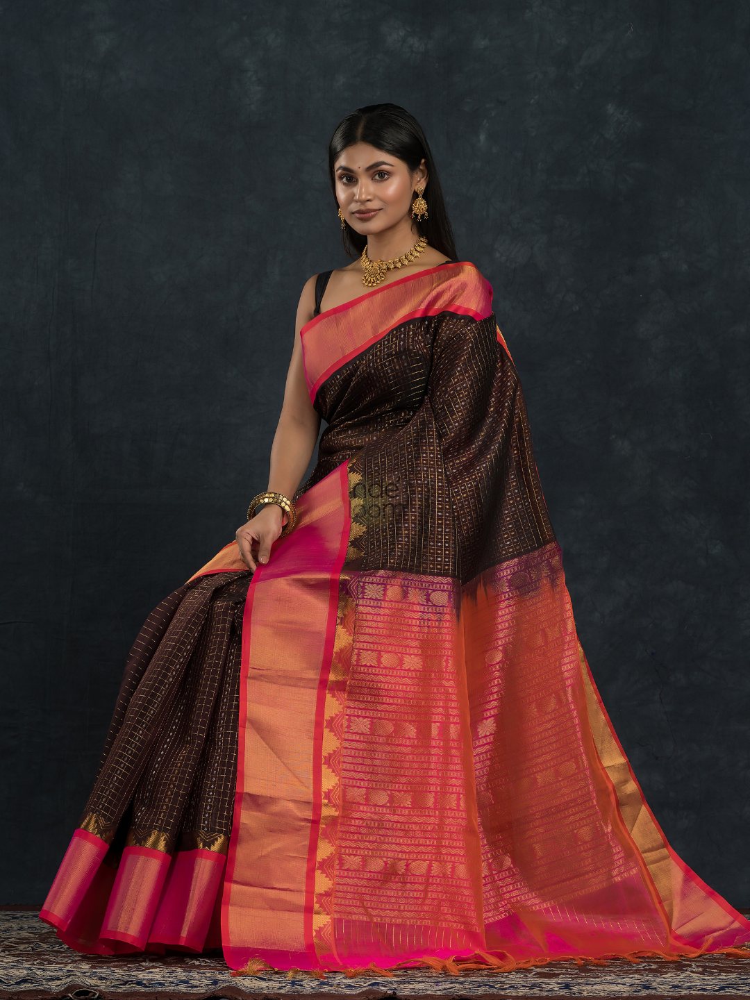 Korvai Saree Lakshadeepam Coal Black with Multishade Pink Border - 146