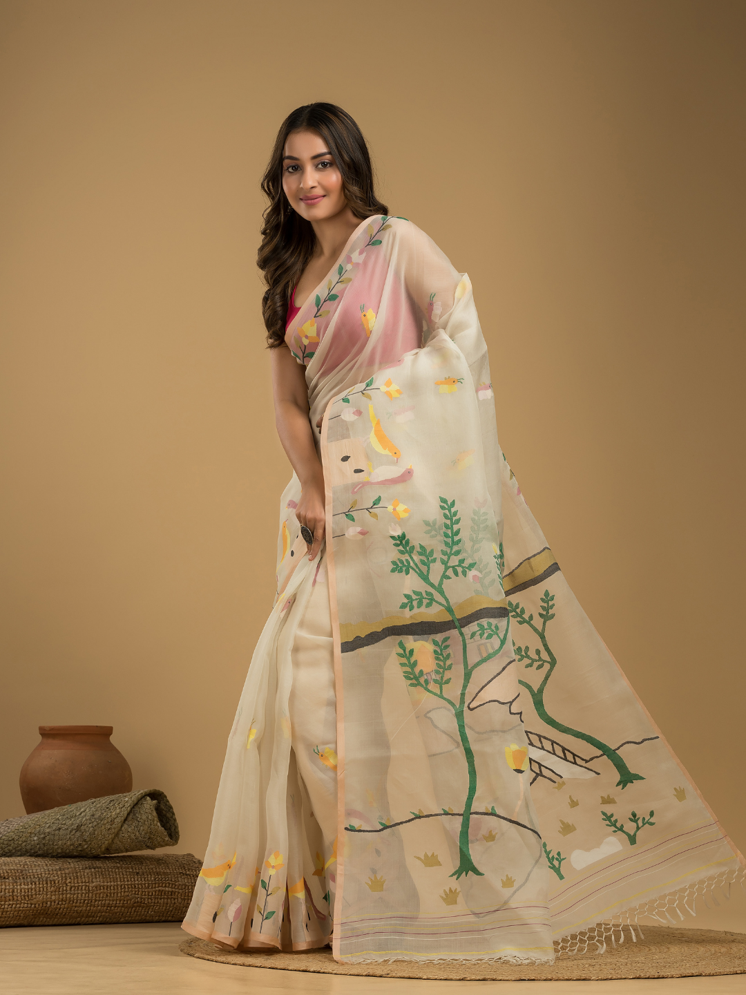 Muslin Jamdani Saree With Linen White - 014