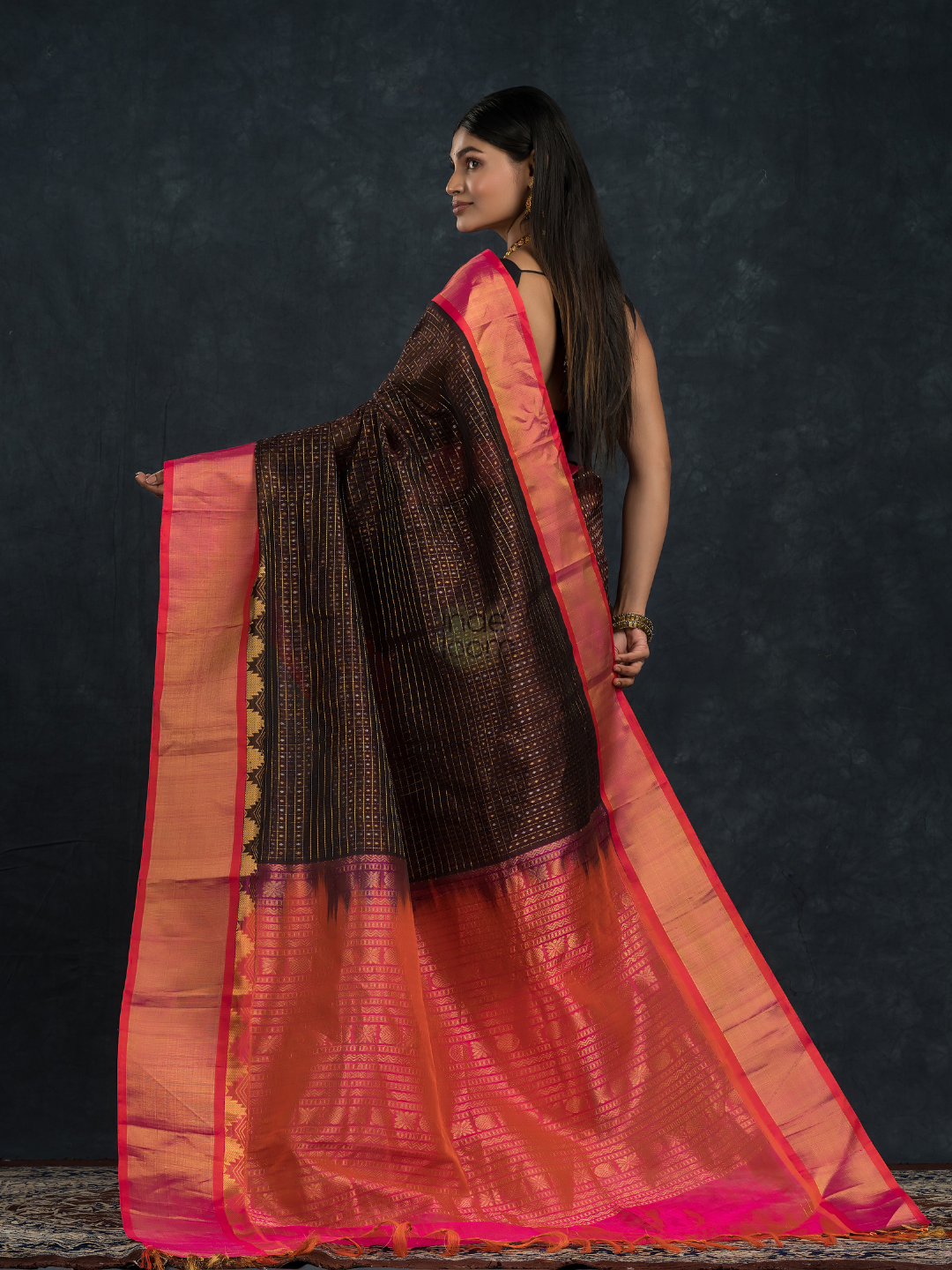 Korvai Saree Lakshadeepam Coal Black with Multishade Pink Border - 146