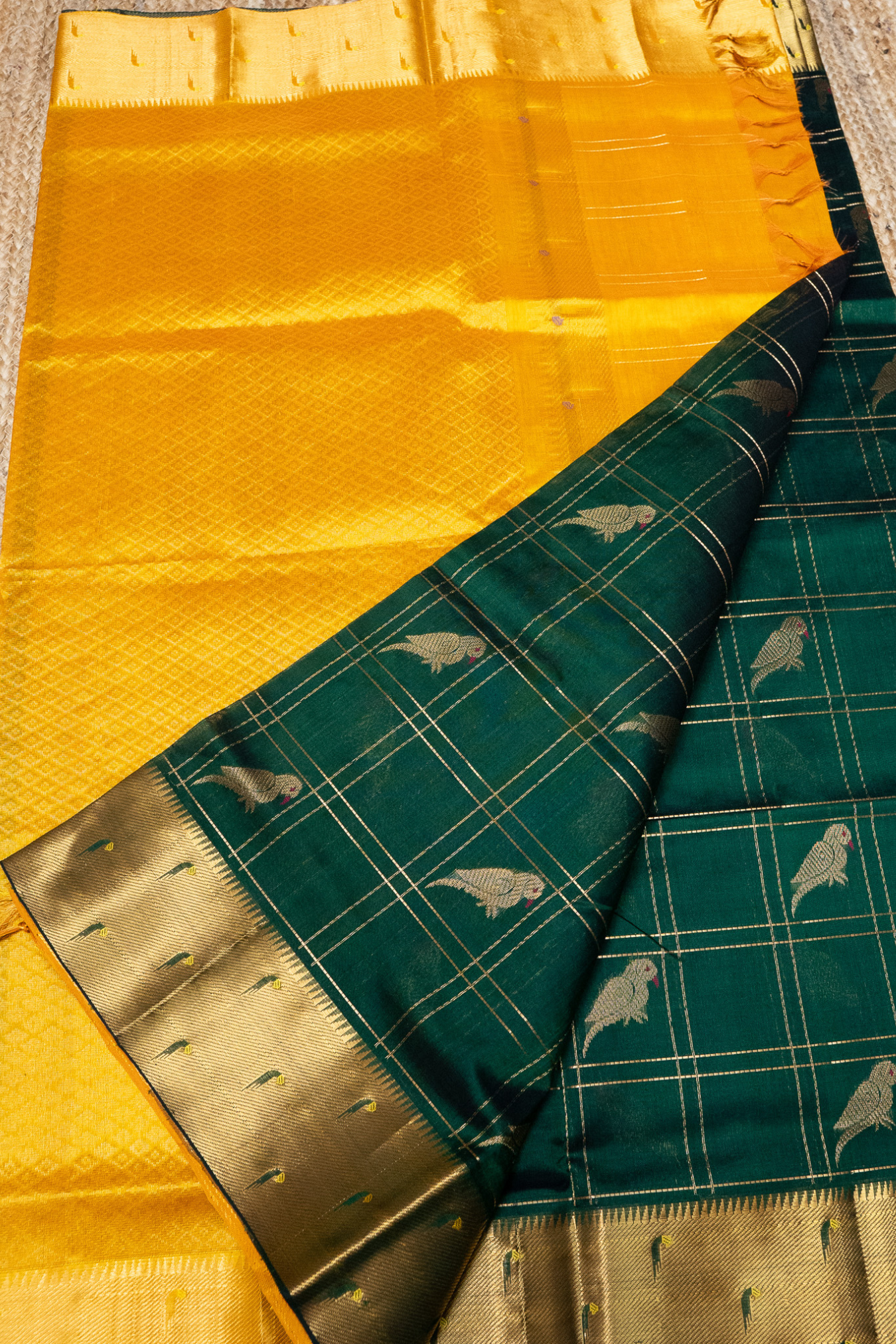 Parrot Buttas with Paithani Border - Dark Green with Yellow border Korvai Saree -143