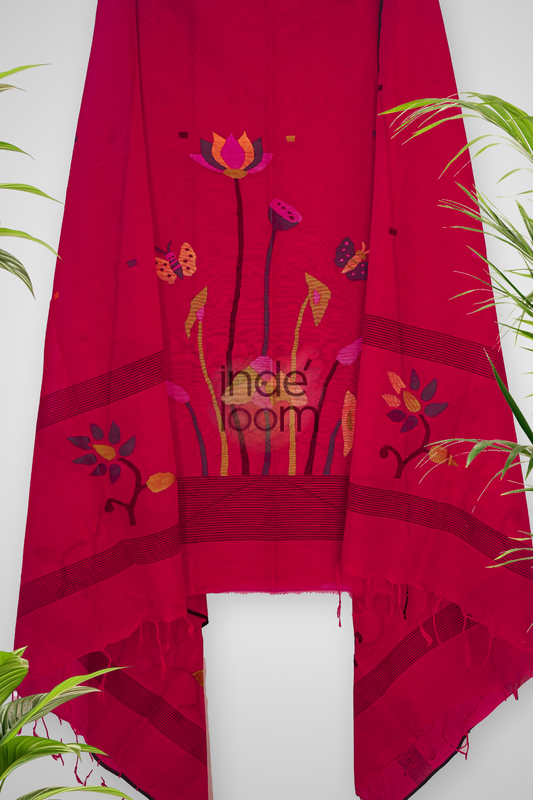 Cotton Jamdani 2 Piece Set Kurti & Dupatta with Ruby Red  -356