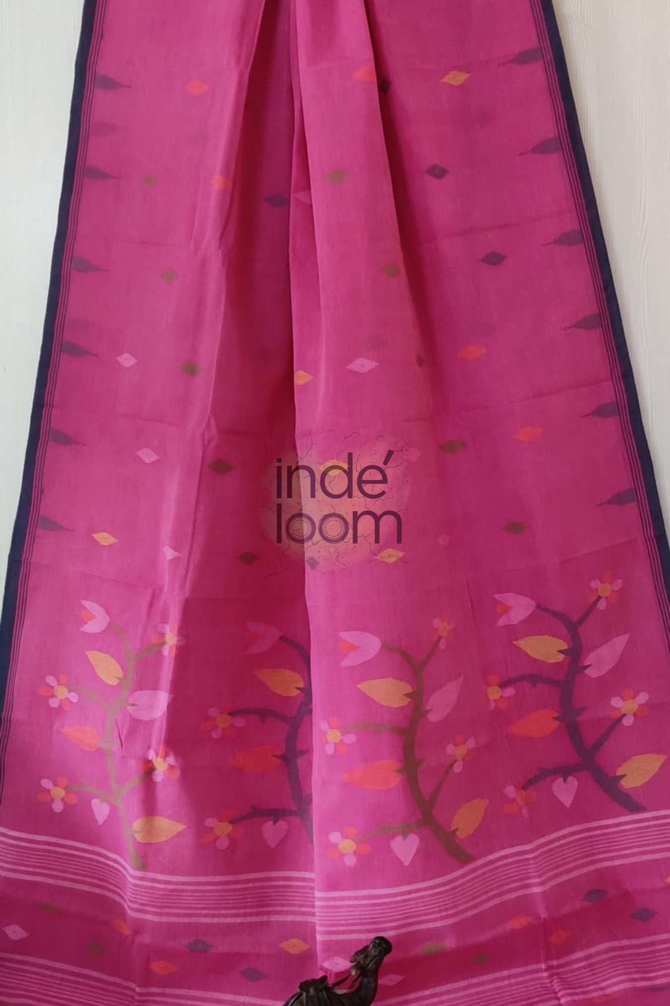 Floral Hot Pink Bengal Pure Cotton Jamdani Saree-019