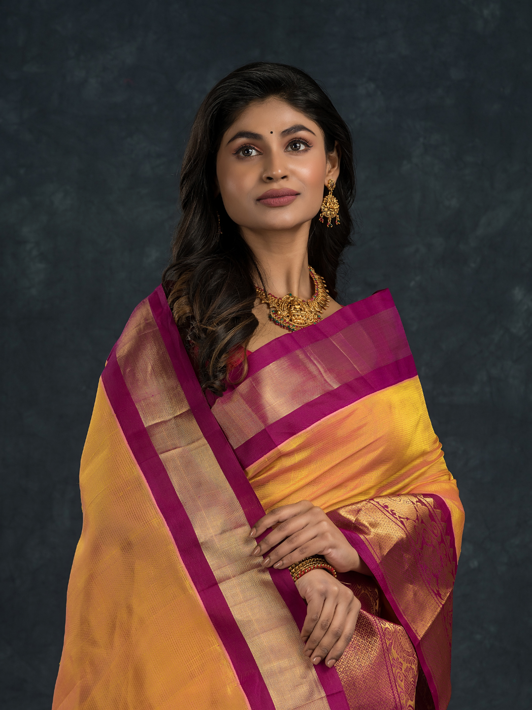 Pure handloom Korvai Silk Cotton Saree in Bright Yellow and Golden Purple Border - 099