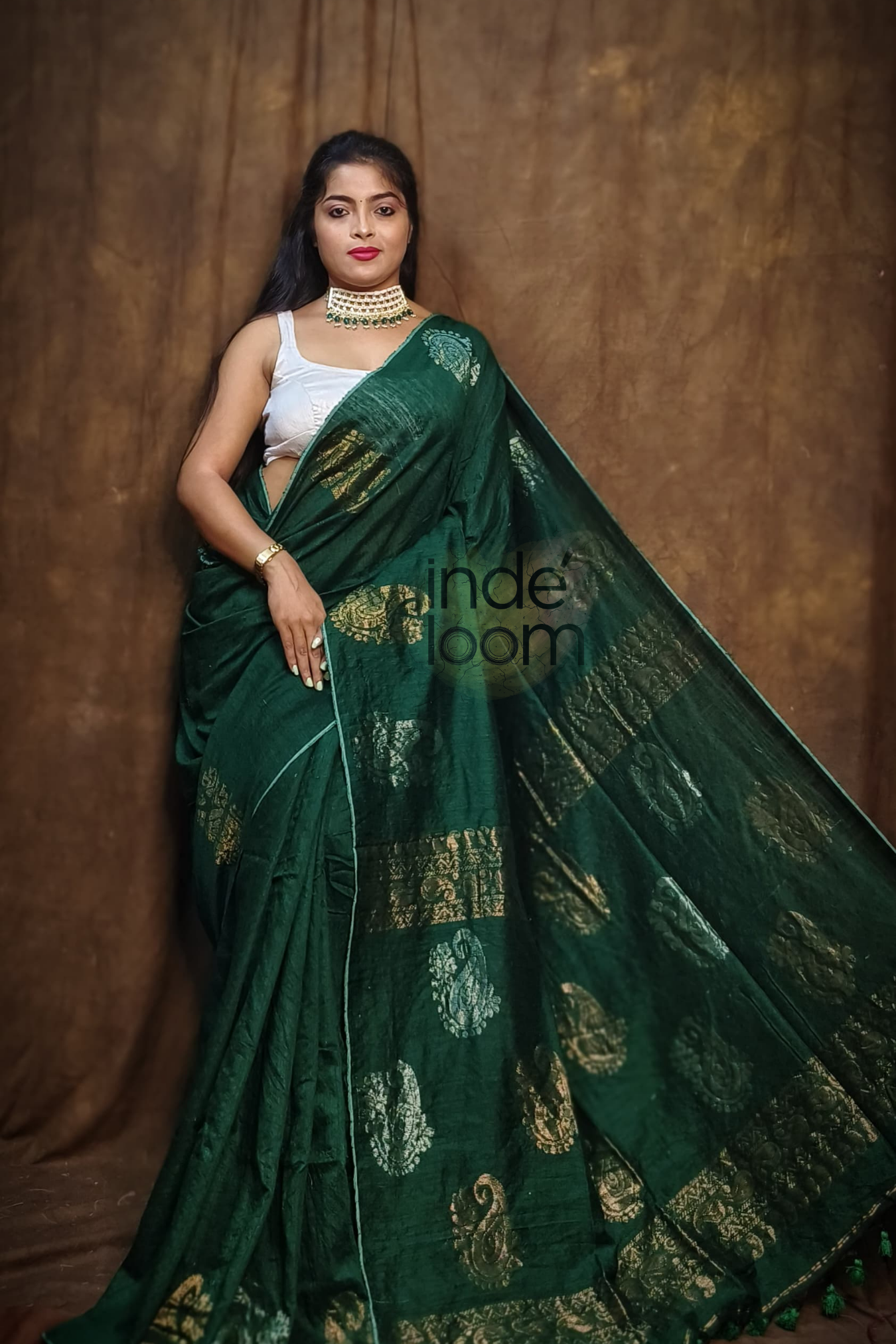 Rasam by Motka  Jamdani Saree with Forest Green-101