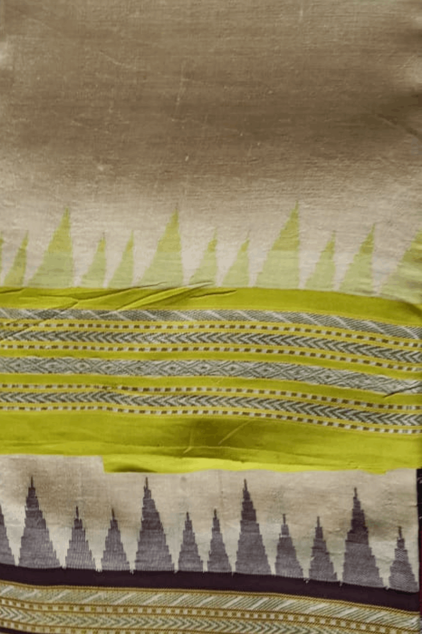 Beige & Lemon Green, Handloom Vidarbha Tussar Silk Saree with Multicolor Contrast Border-026