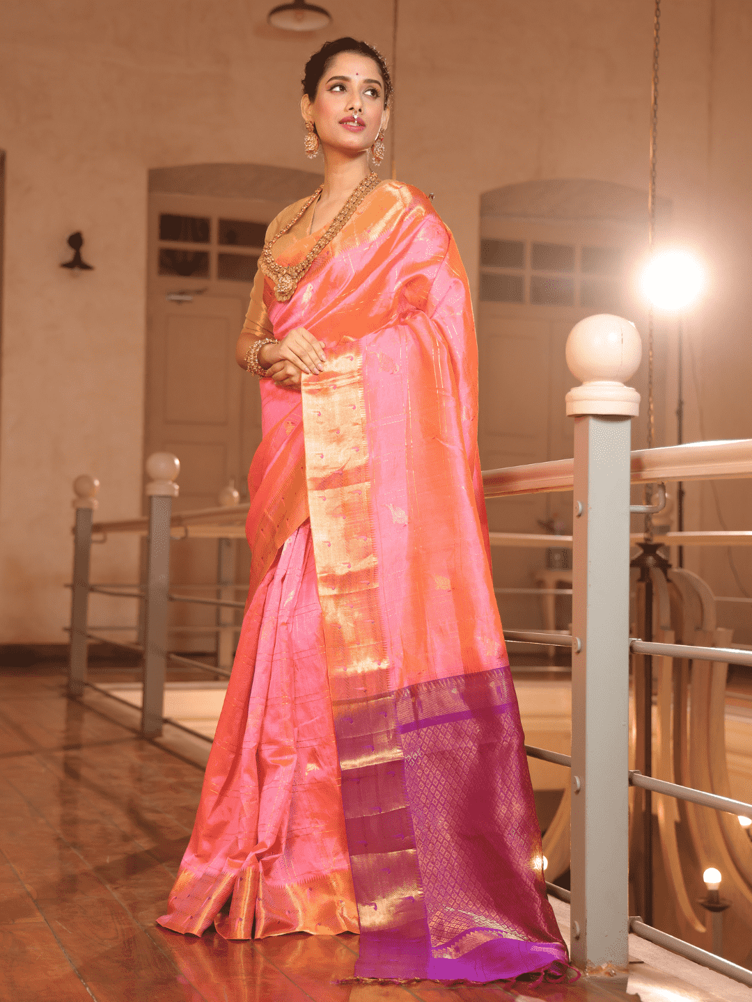 Pure Handloom Korvai Silk Cotton Paithani inspired Saree in Light Pink Birds Design and Golden Border with Parrot Buttas  - 141