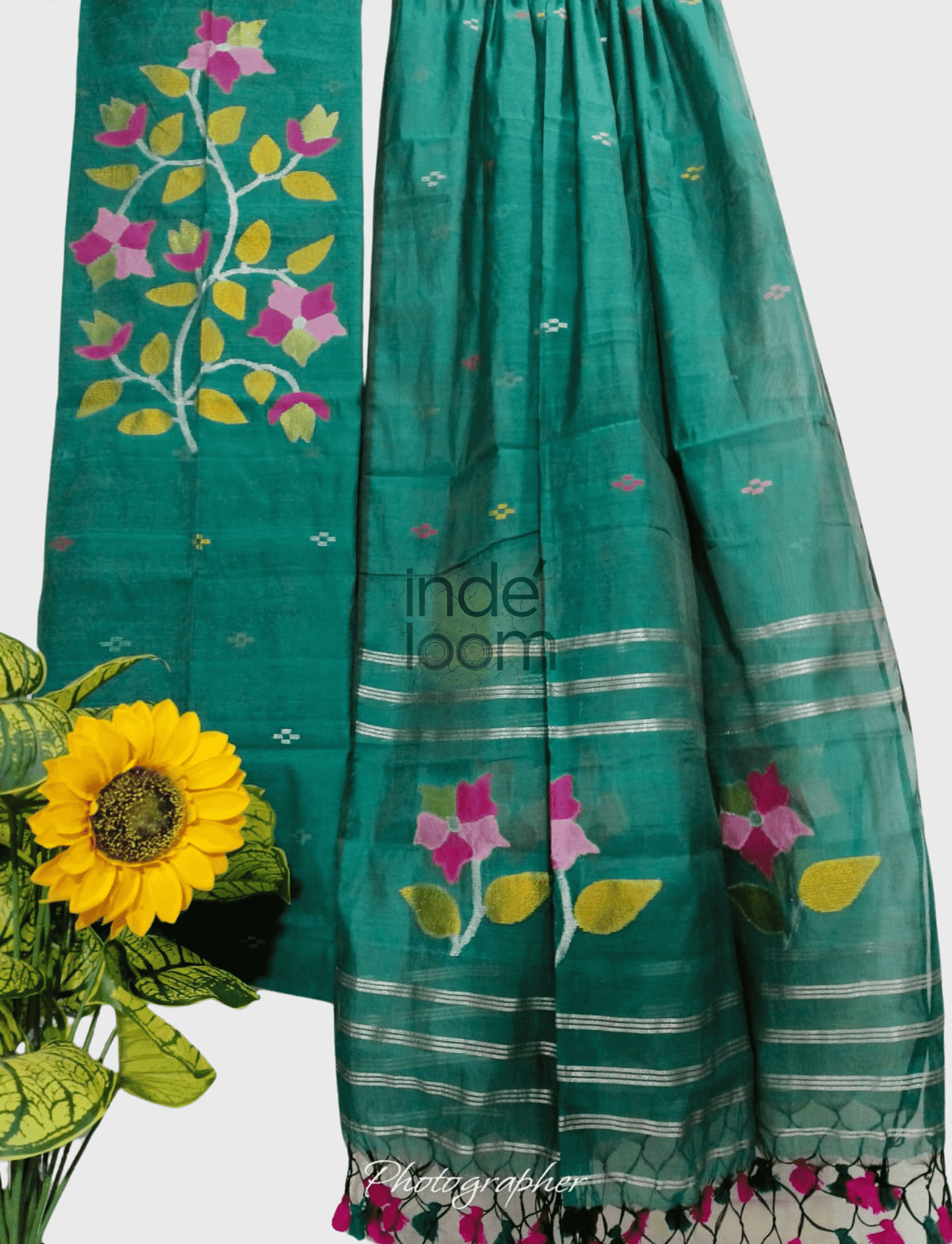 Forest Green Muslin Jamdani 2-Piece Set Kurti & Dupatta (UNSTITCHED) - 374 - indeloom