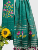 Forest Green Muslin Jamdani 2-Piece Set Kurti & Dupatta (UNSTITCHED) - 374 - indeloom