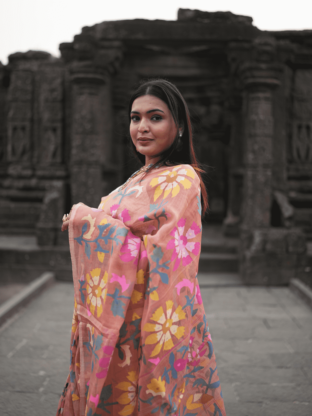 Coral Orange Jamdani Saree - 060 - indeloom