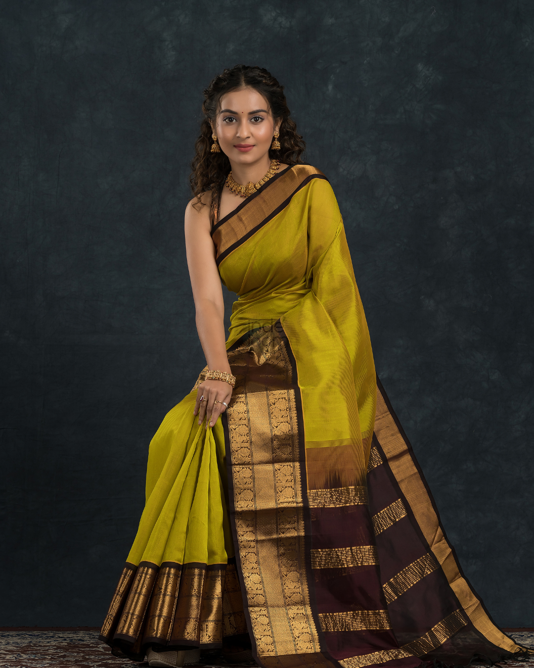 Pure handloom Korvai Silk Cotton Saree in Golden Ochre and Deep Brown Border - 109