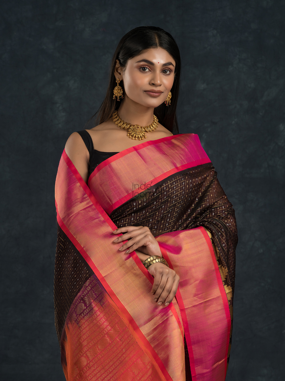 Korvai Saree Lakshadeepam Coal Black with Multishade Pink Border - 146