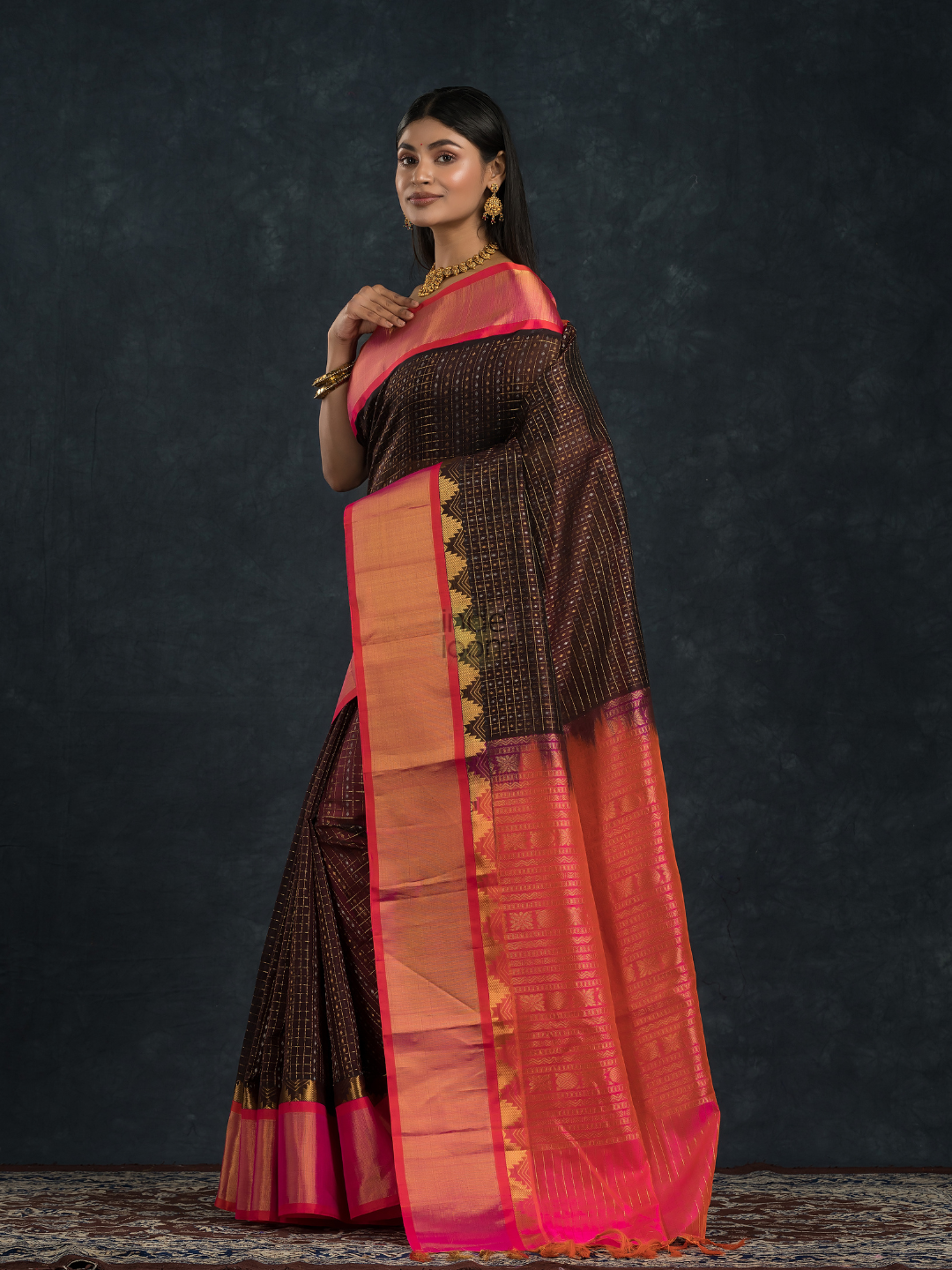 Korvai Saree Lakshadeepam Coal Black with Multishade Pink Border - 146