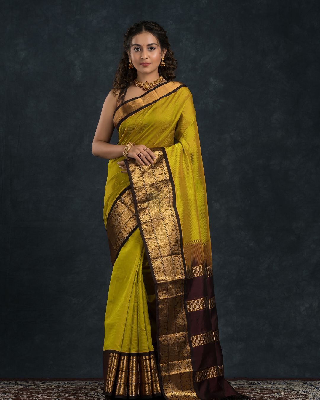 Pure handloom Korvai Silk Cotton Saree in Golden Ochre and Deep Brown Border - 109