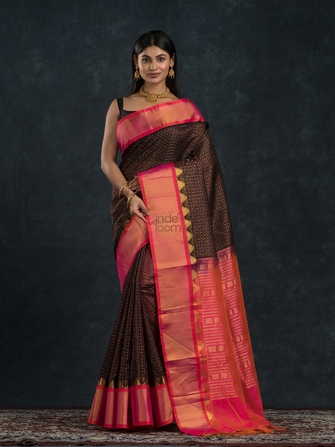 Korvai Saree Lakshadeepam Coal Black with Multishade Pink Border - 146