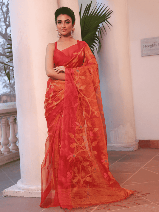 Classic Red Hand Made Jamdani Saree-093