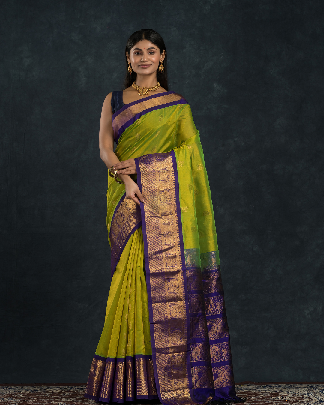 Pure handloom Korvai Saree with grand buttas Lime Green With Golden Blue Border - 116