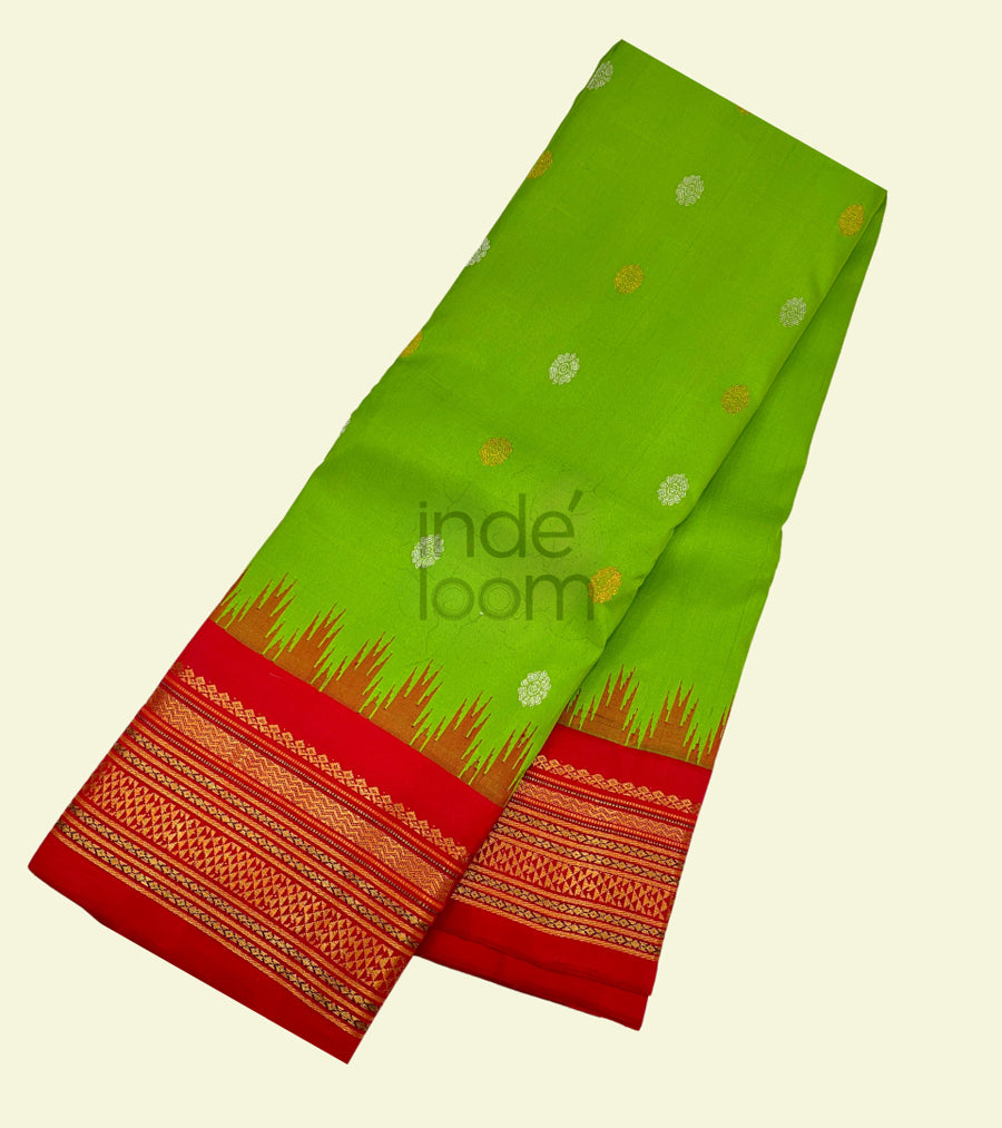 Leaf Green Silk Dotted Design with Silky Red Pallu and Border Kanjivaram Saree-031