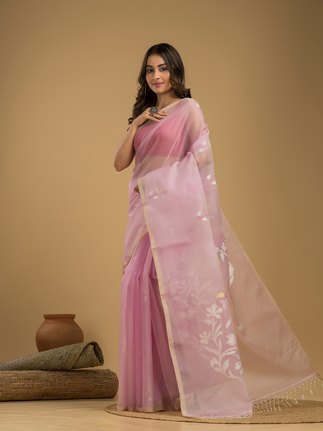 Jamdani Saree With Baby Pink - 016