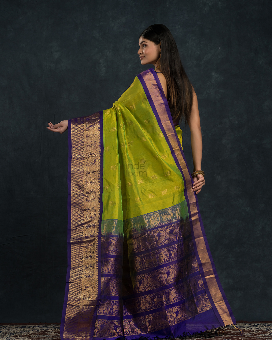 Pure handloom Korvai Saree with grand buttas Lime Green With Golden Blue Border - 116