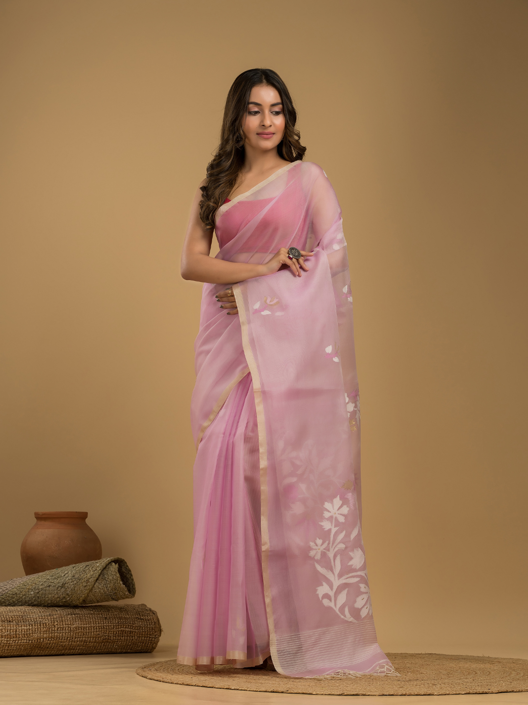 Jamdani Saree With Baby Pink - 016