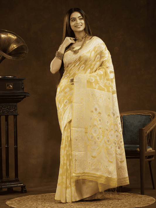 Light Yellow Cotton Silk Saree - 001