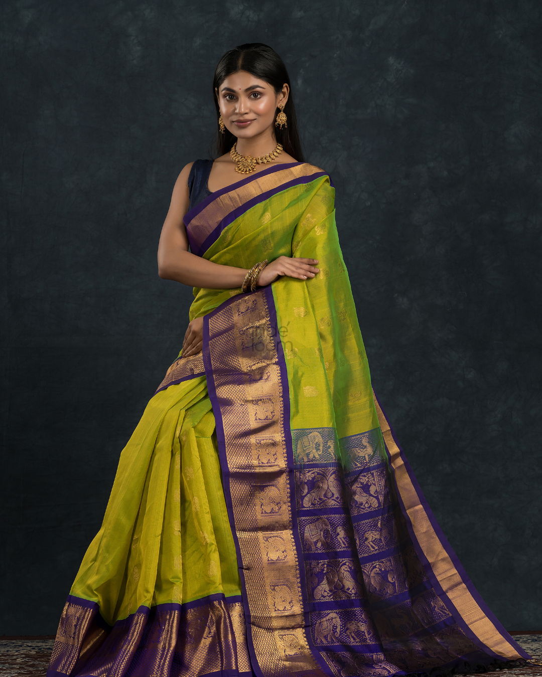 Pure handloom Korvai Saree with grand buttas Lime Green With Golden Blue Border - 116