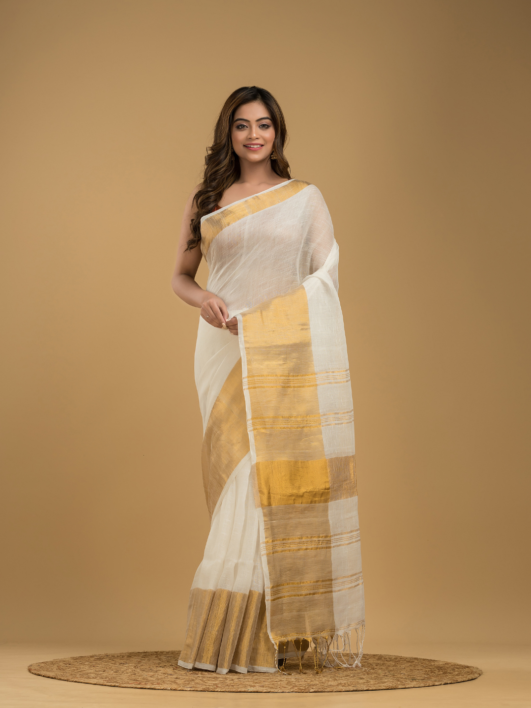 Cream White Linen Golden Zari  Saree - 016