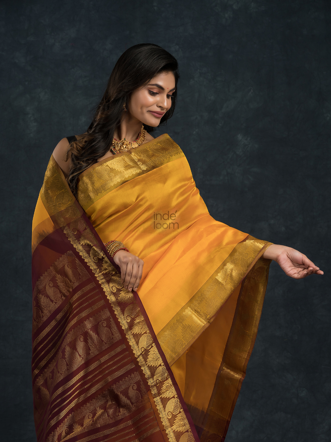 Korvai Saree Classic Golden Yellow with Olive green border and Brown pallu - 145