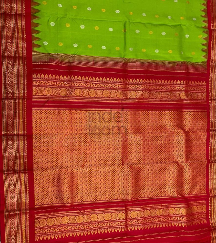 Leaf Green Silk Dotted Design with Silky Red Pallu and Border Kanjivaram Saree-031