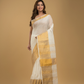 Cream White Linen Golden Zari Saree - 016 - indeloom