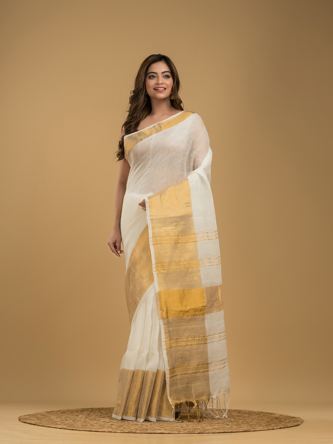 Cream White Linen Golden Zari Saree - 016 - indeloom