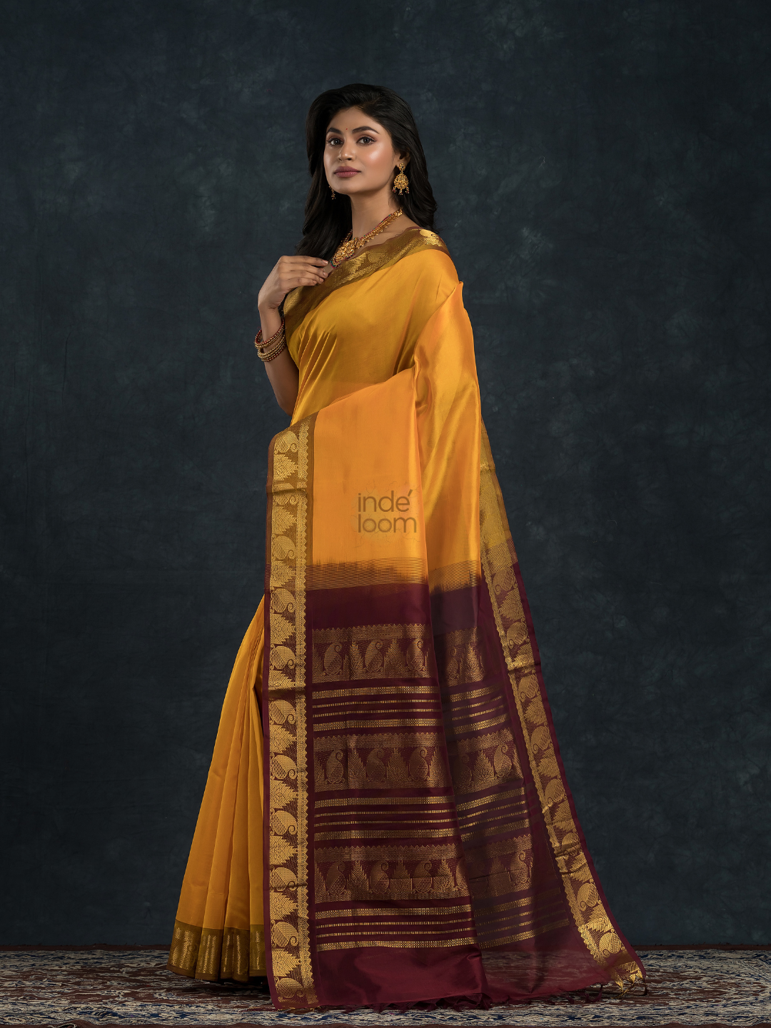 Korvai Saree Classic Golden Yellow with Olive green border and Brown pallu - 145