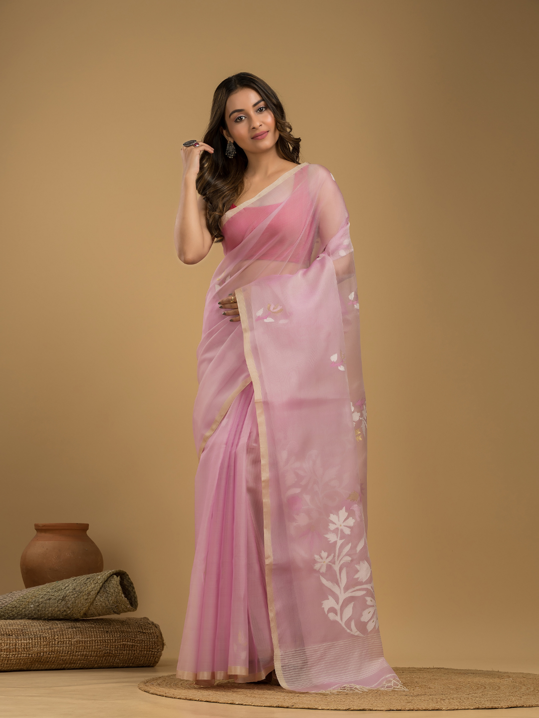 Jamdani Saree With Baby Pink - 016