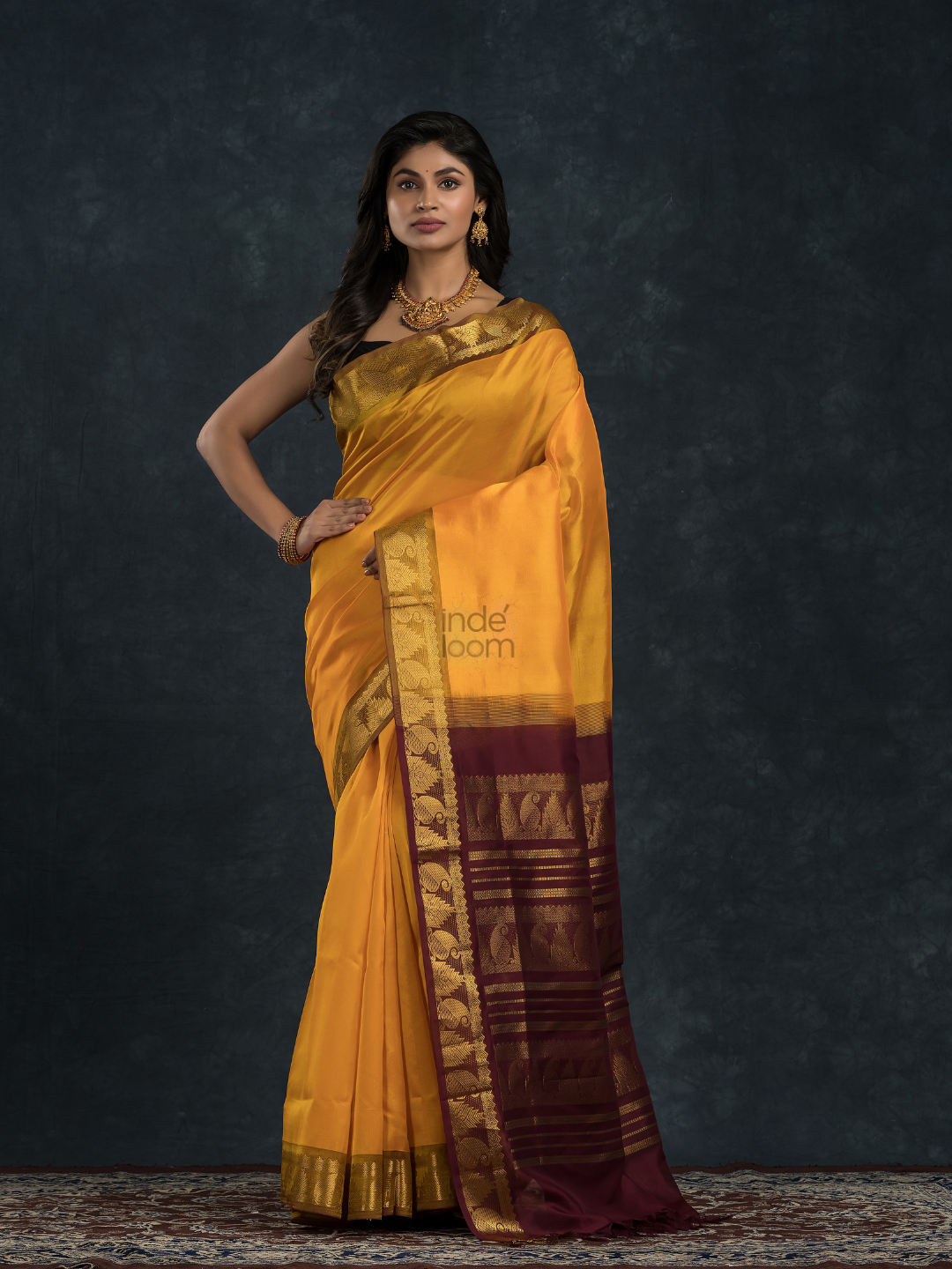 Korvai Saree Classic Golden Yellow with Olive green border and Brown pallu - 145