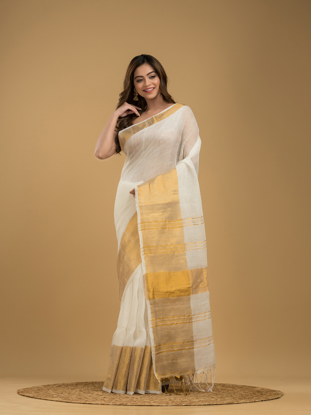 Cream White Linen Golden Zari  Saree - 016