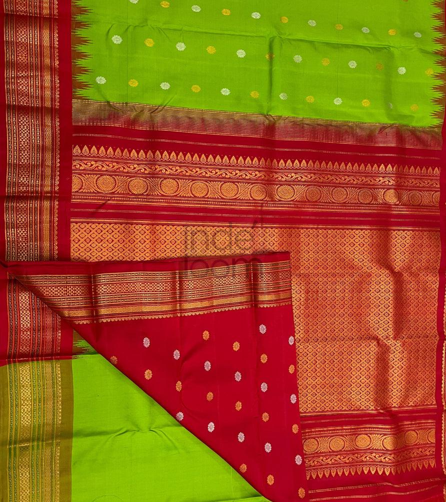 Leaf Green Silk Dotted Design with Silky Red Pallu and Border Kanjivaram Saree-031