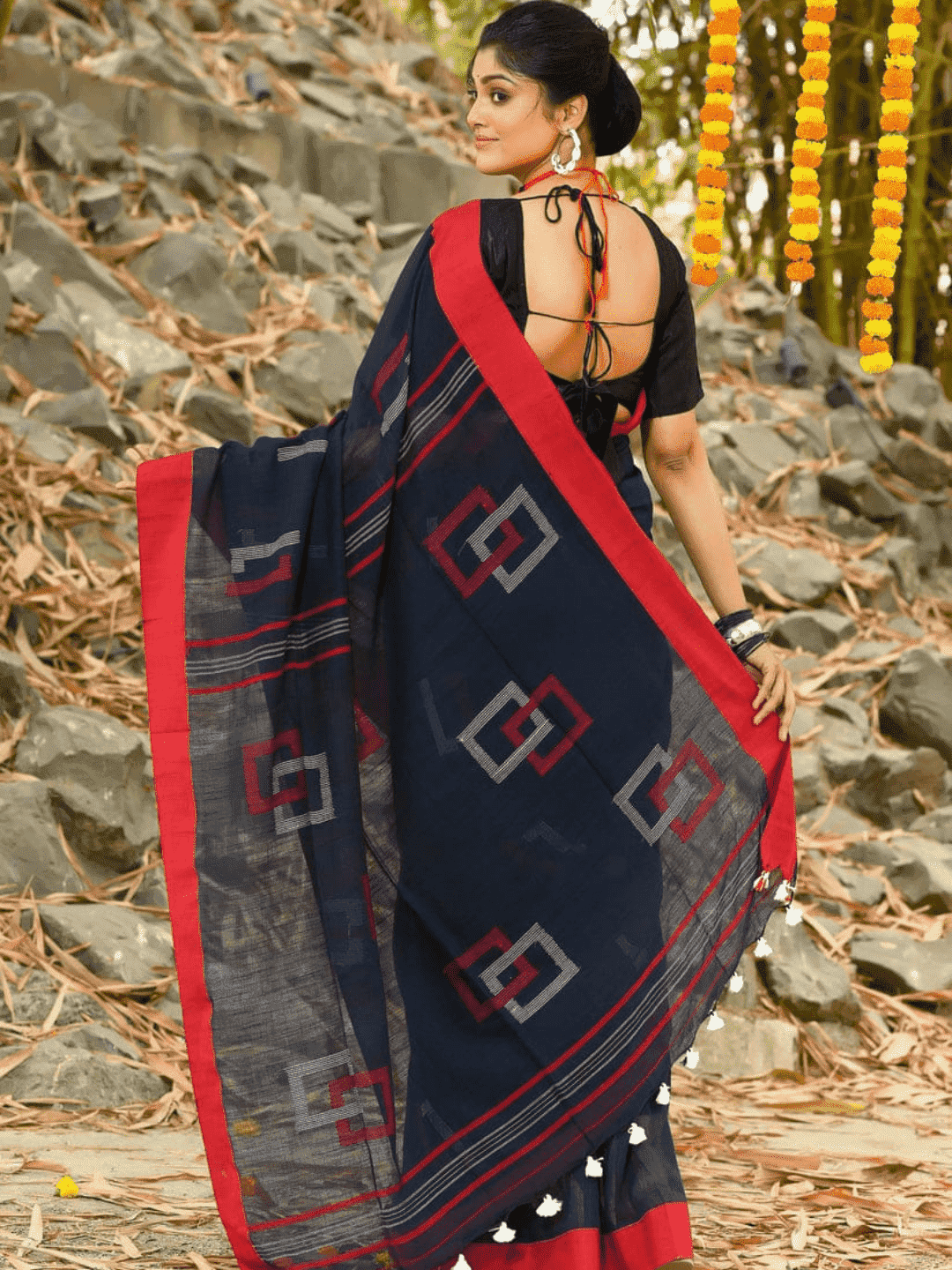 Jet Black -Handloom Cotton Saree-076