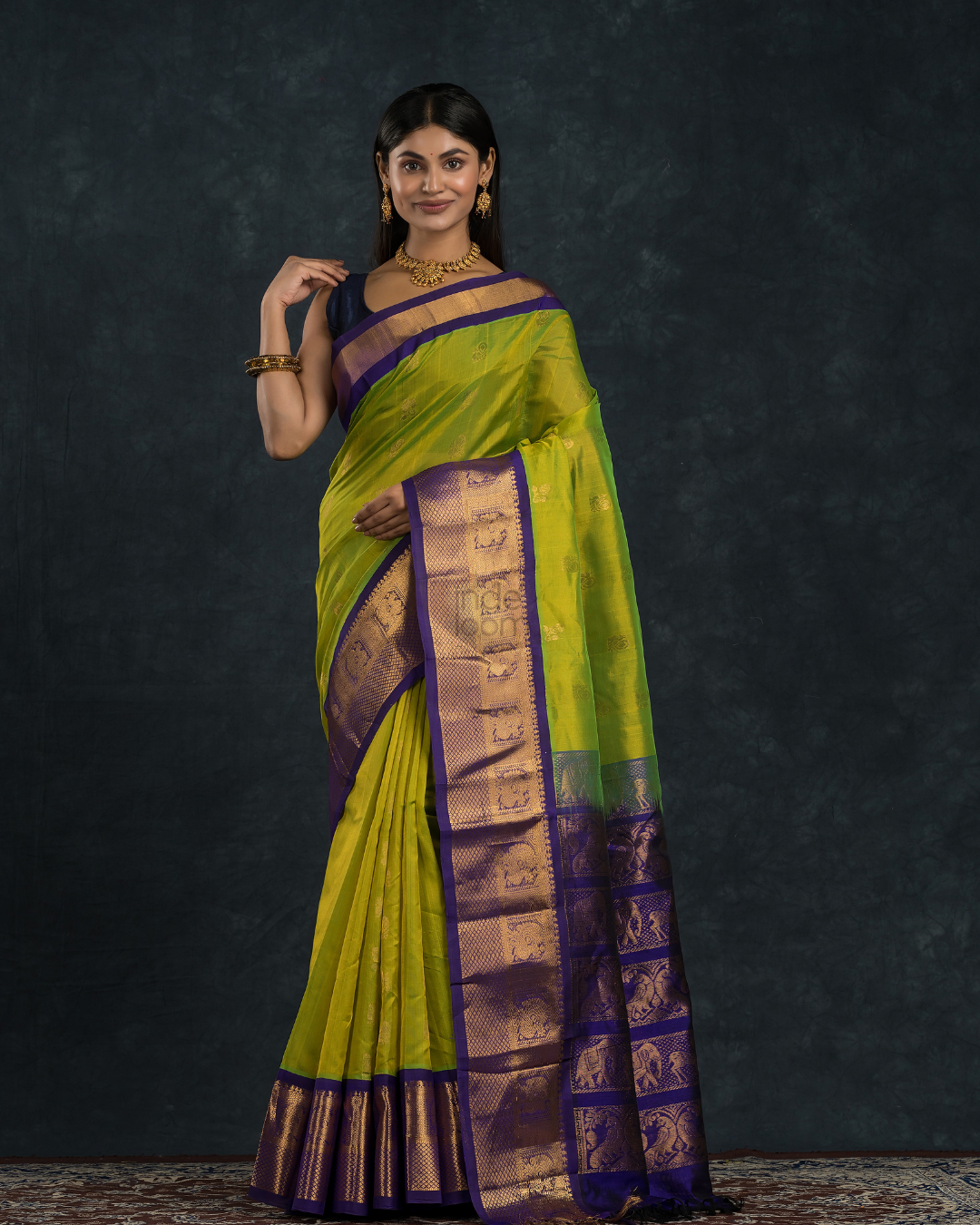 Pure handloom Korvai Saree with grand buttas Lime Green With Golden Blue Border - 116