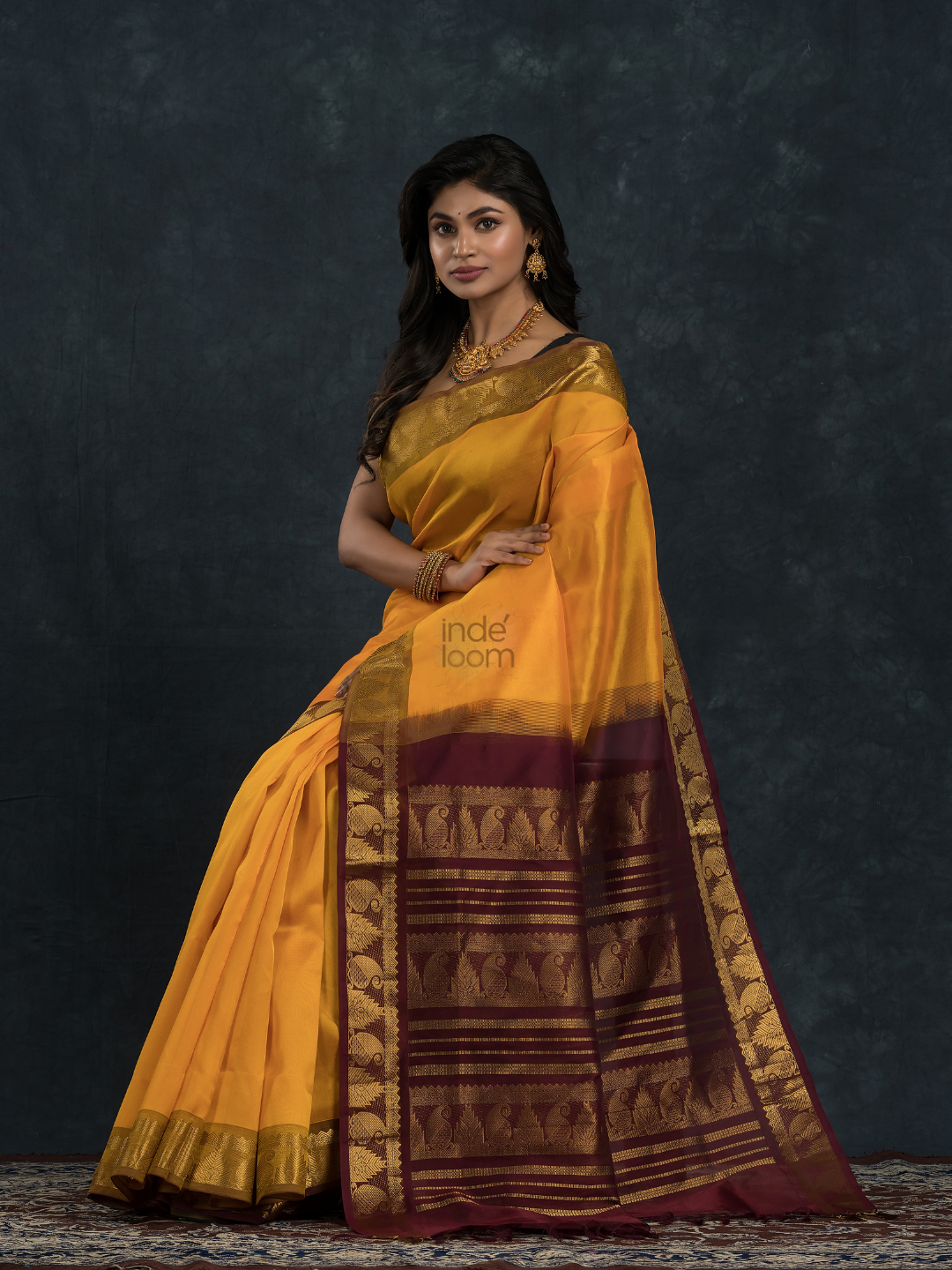 Korvai Saree Classic Golden Yellow with Olive green border and Brown pallu - 145