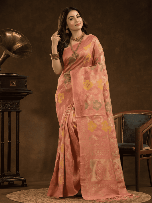 Chanderi Silk Ethnic Motifs Saree In Rose Pink (Precision Looms) - 008