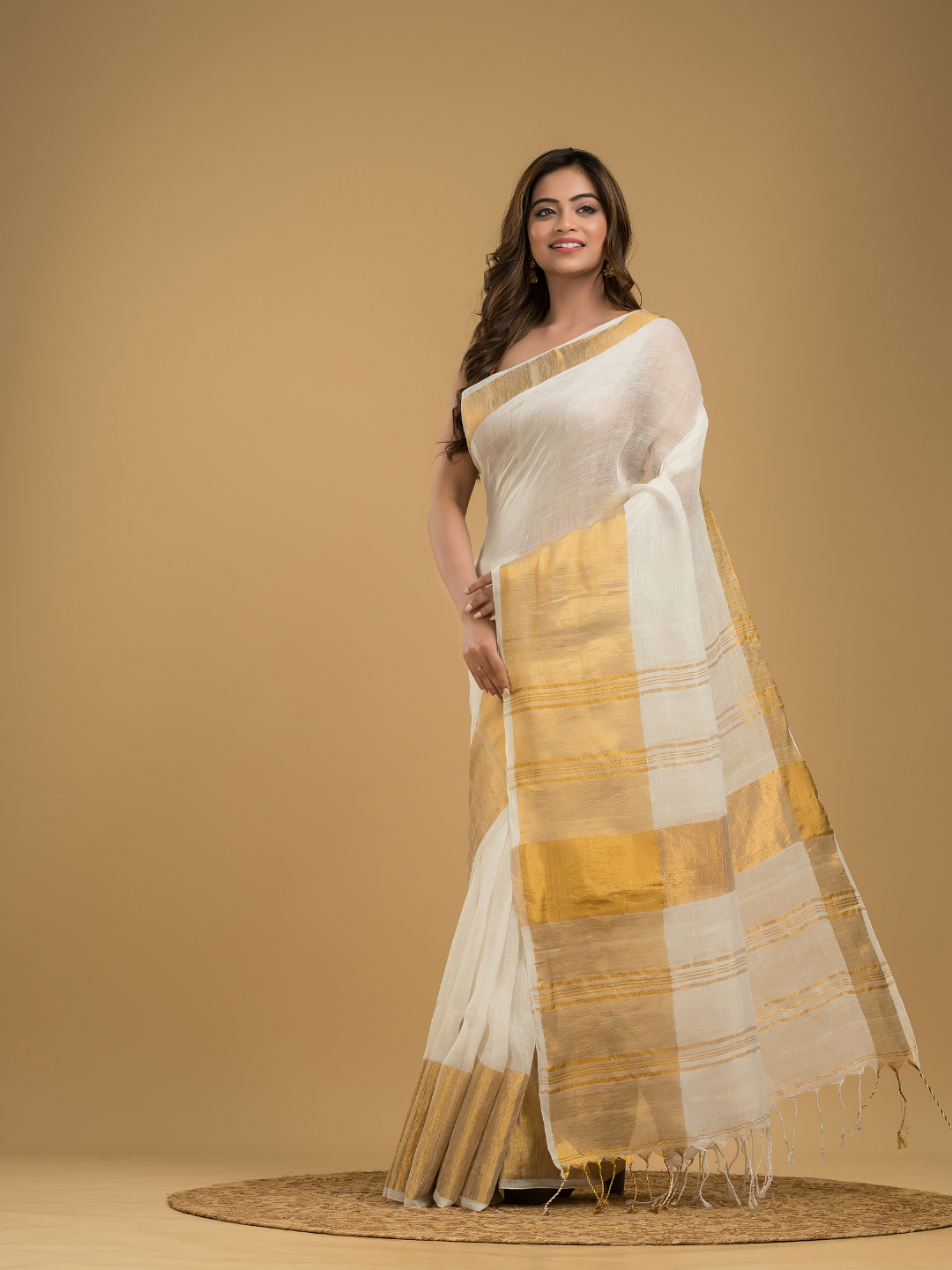 Cream White Linen Golden Zari  Saree - 016