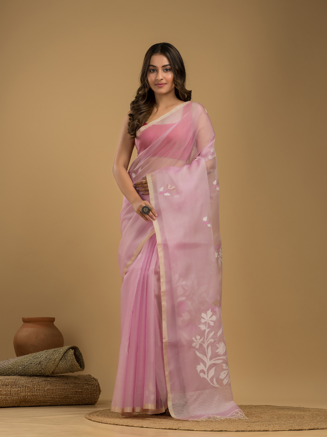 Jamdani Saree With Baby Pink - 016