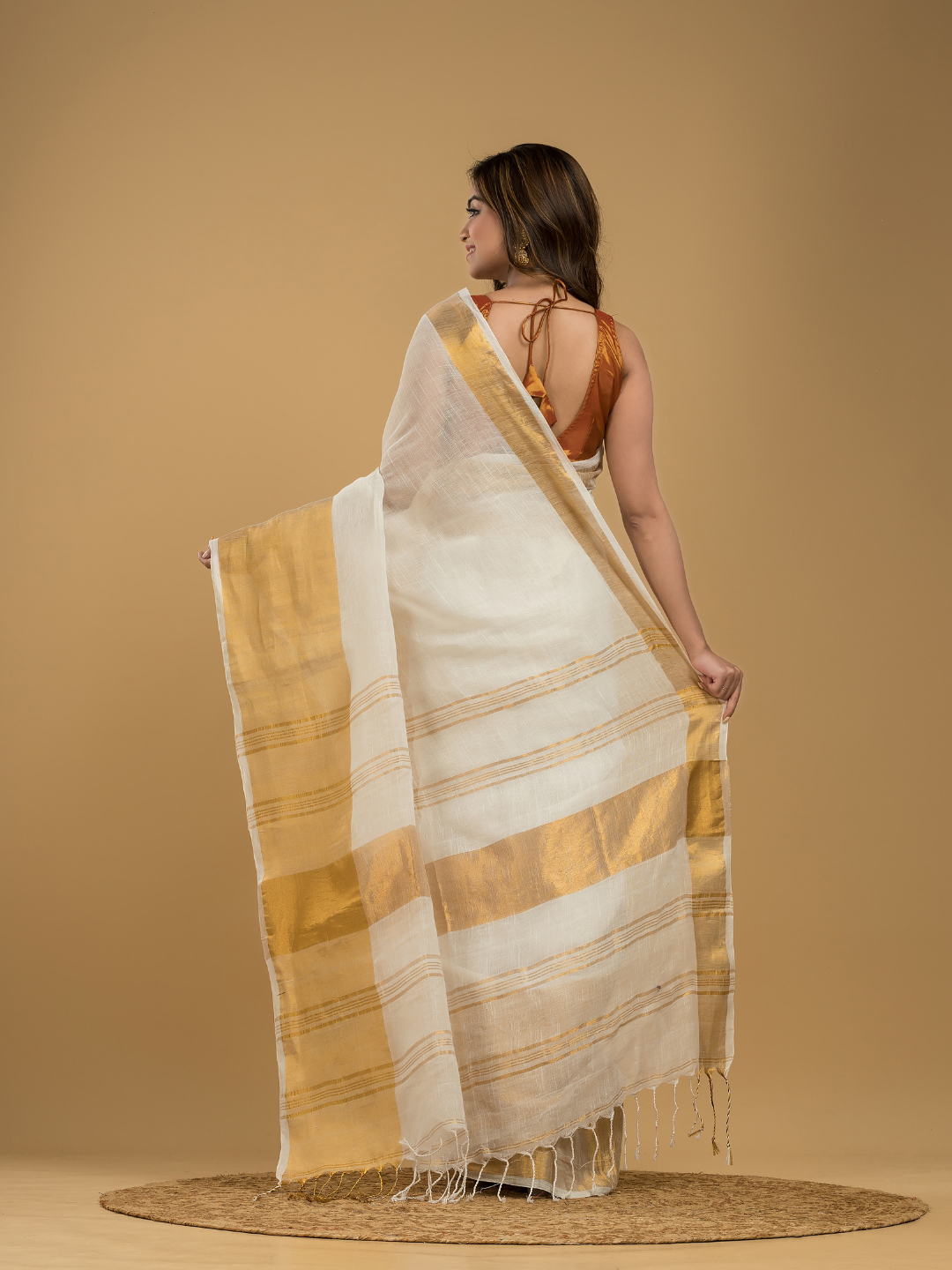 Cream White Linen Golden Zari Saree - 016 - indeloom