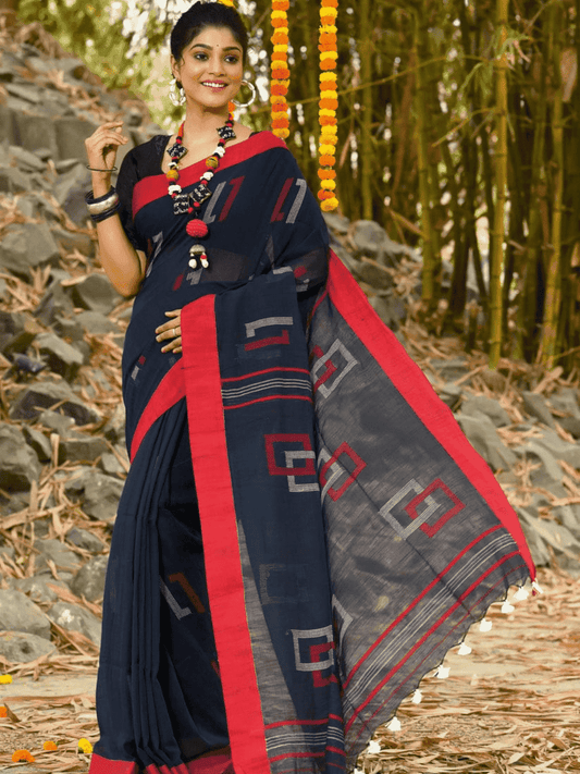 Jet Black -Handloom Cotton Saree-076